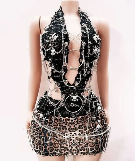 Rebel Heart Goth Punk Halter Mini Dress | Leopard & Skulls | Ultimate Halloween & Club Statement
