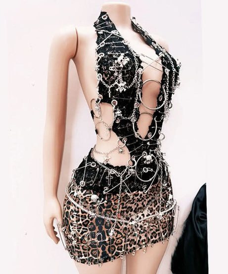 Rebel Heart Goth Punk Halter Mini Dress | Leopard & Skulls | Ultimate Halloween & Club Statement