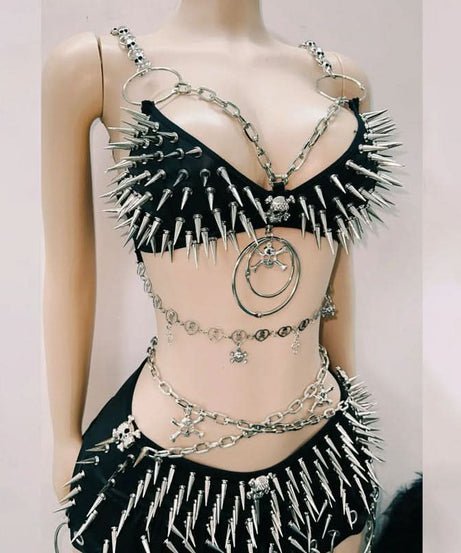 Halloween Ready: Fierce Spiked & Chained Skull Rave Set | Edgy Goth Festival Costume for Women