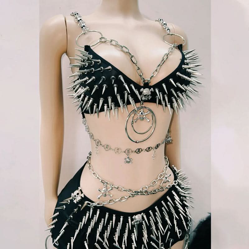 Halloween Ready: Fierce Spiked & Chained Skull Rave Set | Edgy Goth Festival Costume for Women
