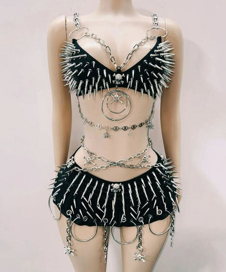 Halloween Ready: Fierce Spiked & Chained Skull Rave Set | Edgy Goth Festival Costume for Women