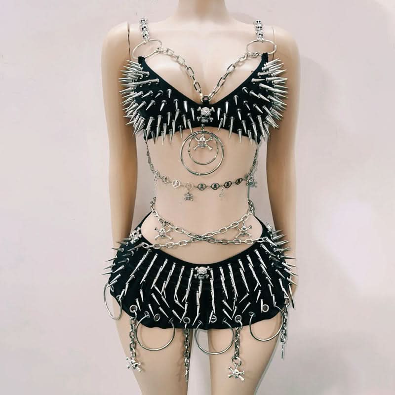 Halloween Ready: Fierce Spiked & Chained Skull Rave Set | Edgy Goth Festival Costume for Women