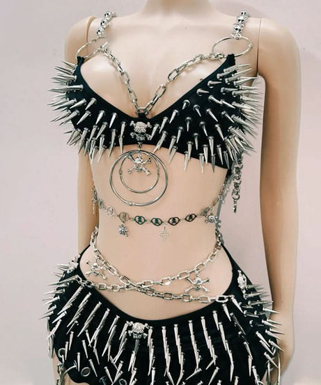 Halloween Ready: Fierce Spiked & Chained Skull Rave Set | Edgy Goth Festival Costume for Women