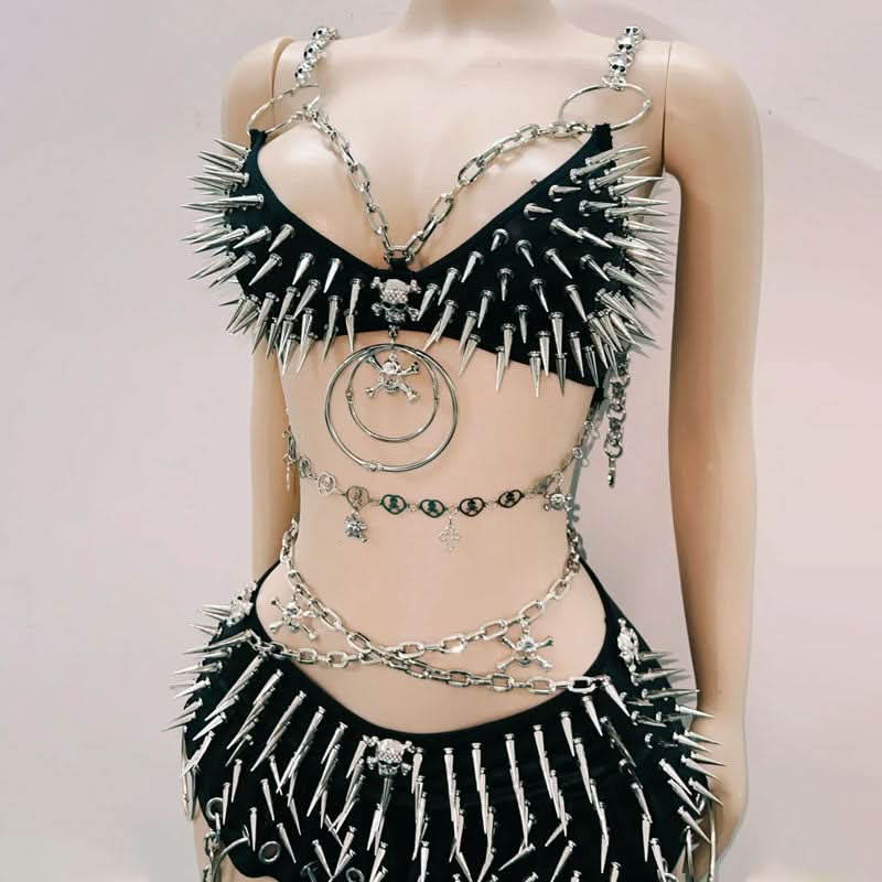 Halloween Ready: Fierce Spiked & Chained Skull Rave Set | Edgy Goth Festival Costume for Women