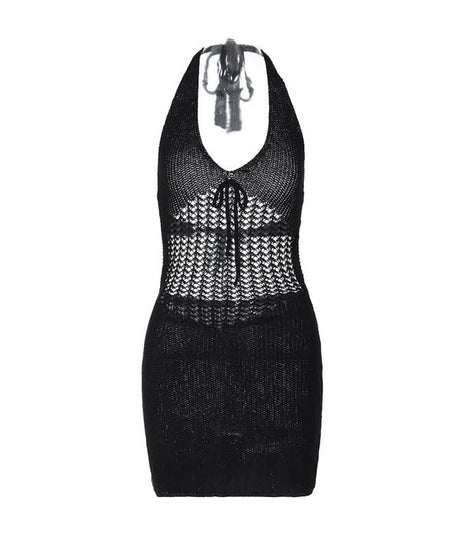 Trendy White Halter Knit Mini Dress - Chic Crochet Detail Resort & Vacation Essential