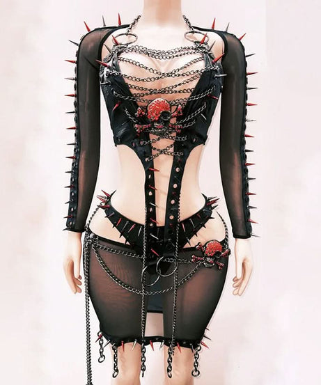 Fierce Spiked Chains & Skull Mini Dress - Ultimate Halloween & Gothic Clubwear