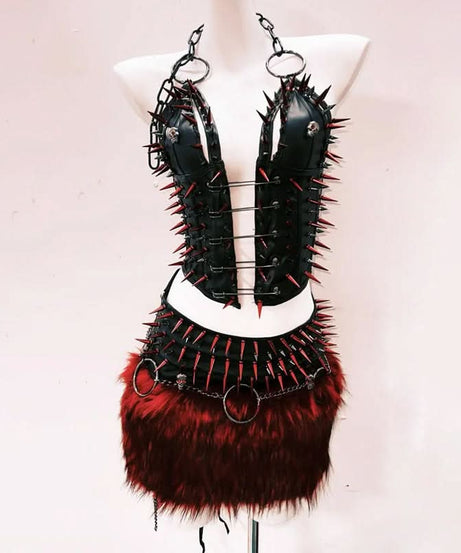 Spiked Halter Corset Top & Faux Fur Mini Skirt Set - Ultimate Halloween & Festival Rave Outfit