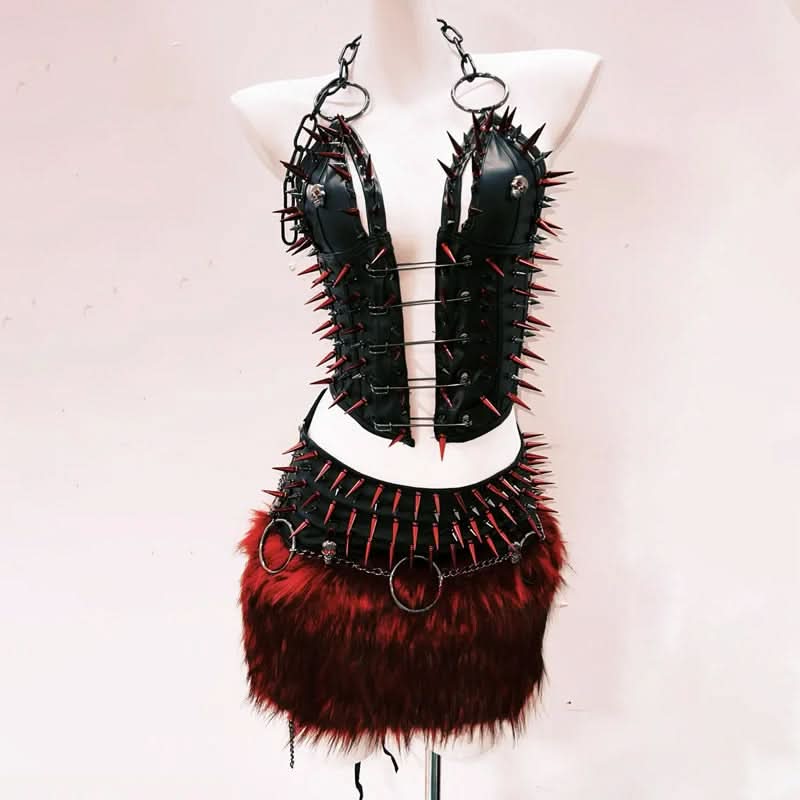 Spiked Halter Corset Top & Faux Fur Mini Skirt Set - Ultimate Halloween & Festival Rave Outfit