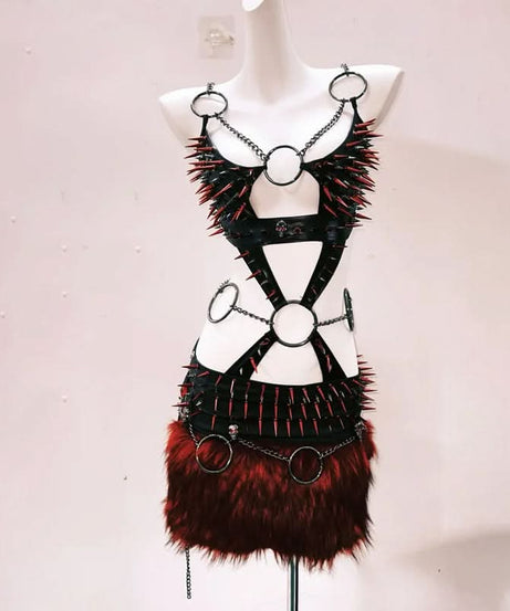 Fierce Spiked & Faux Fur Harness Mini Skirt Set - Ultimate Halloween & Club Night Look