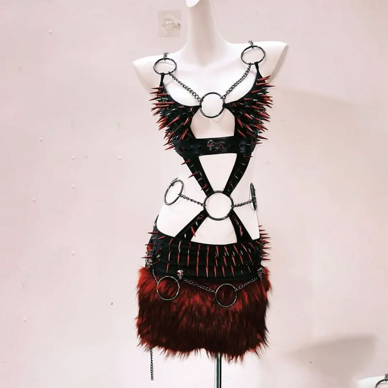 Fierce Spiked & Faux Fur Harness Mini Skirt Set - Ultimate Halloween & Club Night Look