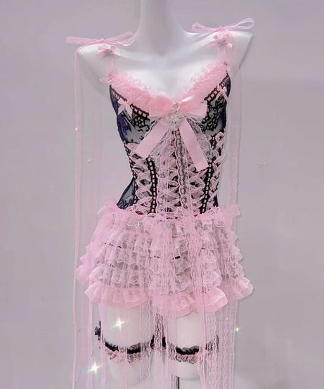 Enchanting Pink & Black Coquette Babydoll Lingerie Set - Lace Ruffle Chemise for Romantic Fall & Halloween Fun