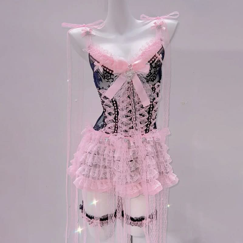 Enchanting Pink & Black Coquette Babydoll Lingerie Set - Lace Ruffle Chemise for Romantic Fall & Halloween Fun