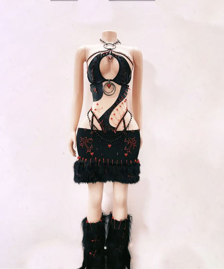 Gothcore Glam: Edgy Halter Top & Mini Skirt Set - Your Fall Party Statement