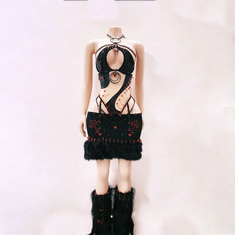 Gothcore Glam: Edgy Halter Top & Mini Skirt Set - Your Fall Party Statement