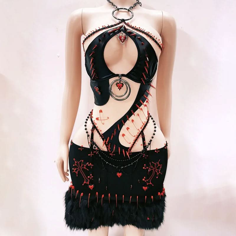 Gothcore Glam: Edgy Halter Top & Mini Skirt Set - Your Fall Party Statement