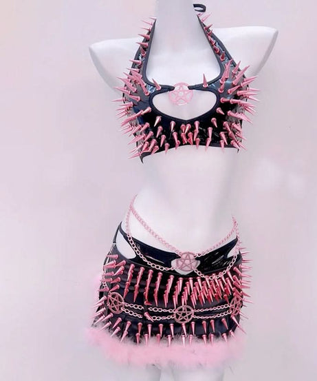 Pink & Black Spiked Pentagram Halter Top & Mini Skirt Set - Ultimate Alt Halloween Rave Party Outfit