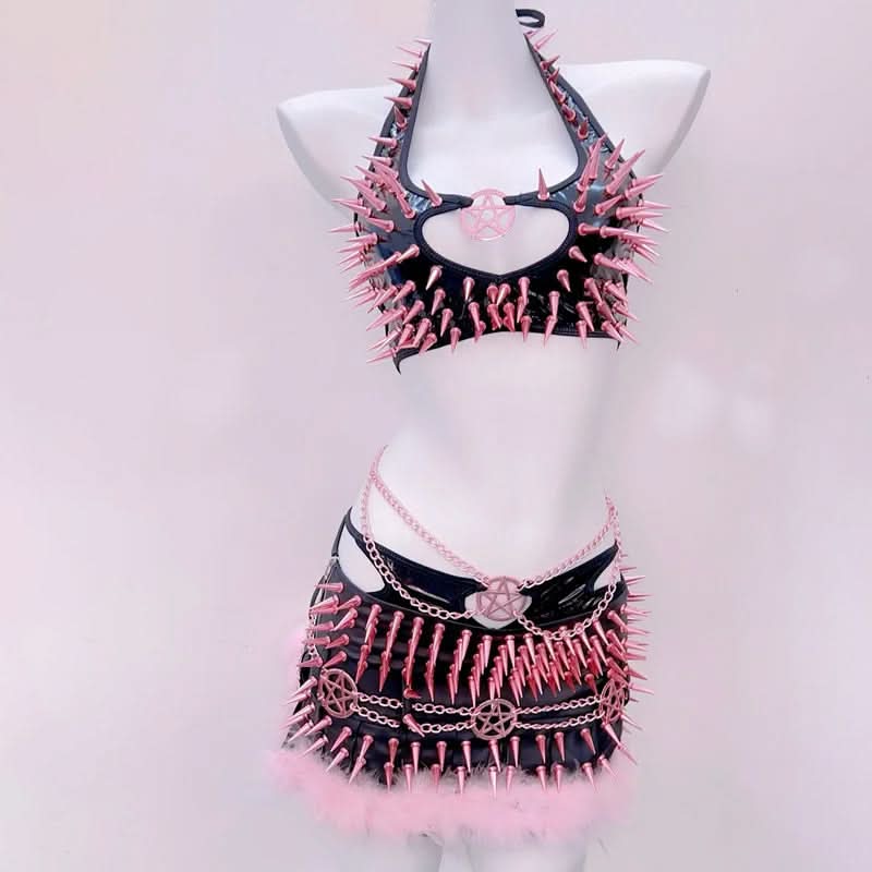 Pink & Black Spiked Pentagram Halter Top & Mini Skirt Set - Ultimate Alt Halloween Rave Party Outfit