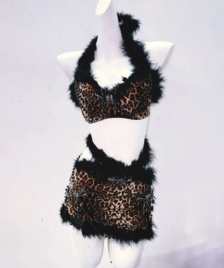 Fierce Leopard Spider Fluffy Halter Mini Skirt Set - Spooky Chic Halloween & Party Ready