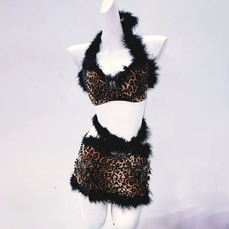 Fierce Leopard Spider Fluffy Halter Mini Skirt Set - Spooky Chic Halloween & Party Ready