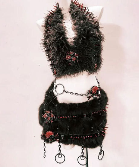 Rebellious Spiked Faux Fur Two-Piece Set: Goth Skull Crop Top & Mini Skirt for Halloween & Raves