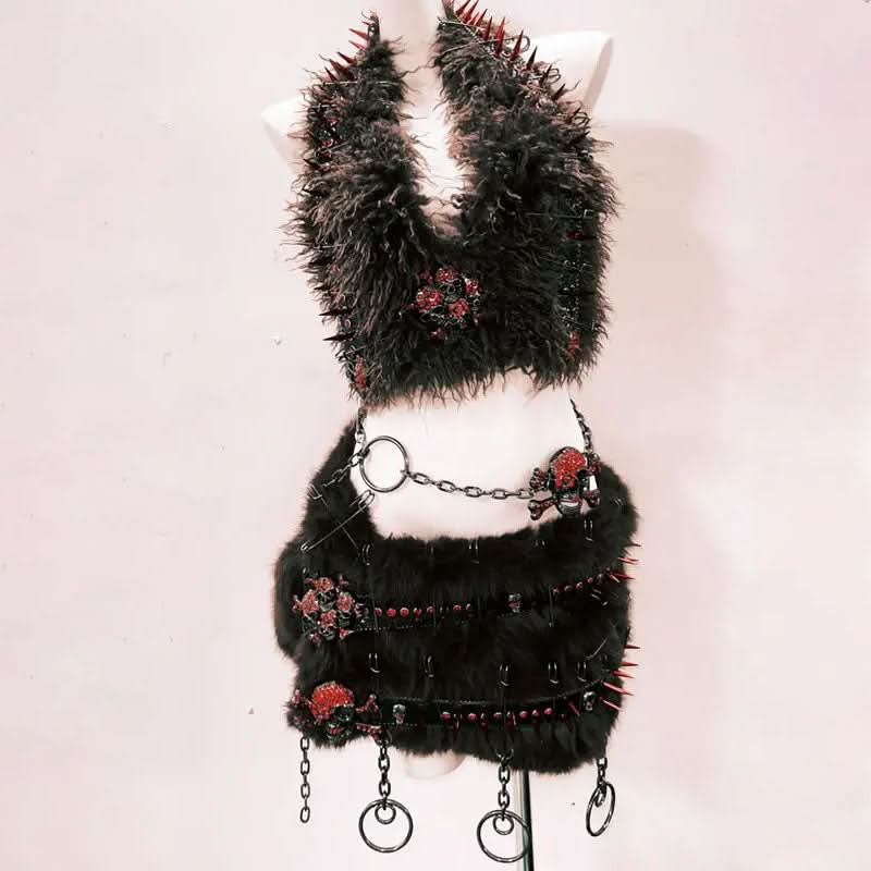 Rebellious Spiked Faux Fur Two-Piece Set: Goth Skull Crop Top & Mini Skirt for Halloween & Raves