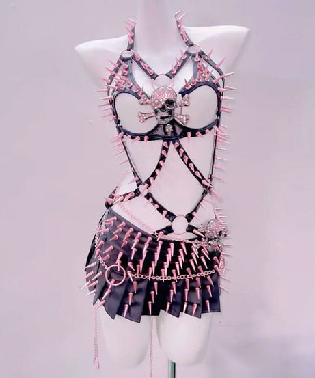 Pink & Black Spiked Skull Harness Top & Pleated Mini Skirt Set | Edgy Halloween, Rave & Alt Clubwear