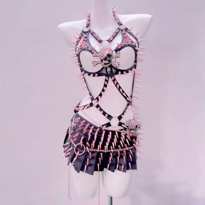 Pink & Black Spiked Skull Harness Top & Pleated Mini Skirt Set | Edgy Halloween, Rave & Alt Clubwear