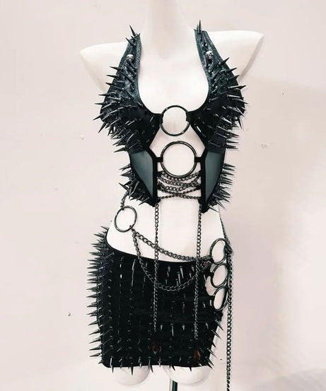 Gothic Spiked & Chained Halter Mini Skirt Set | Unleash Your Edge for Halloween & Fall Parties