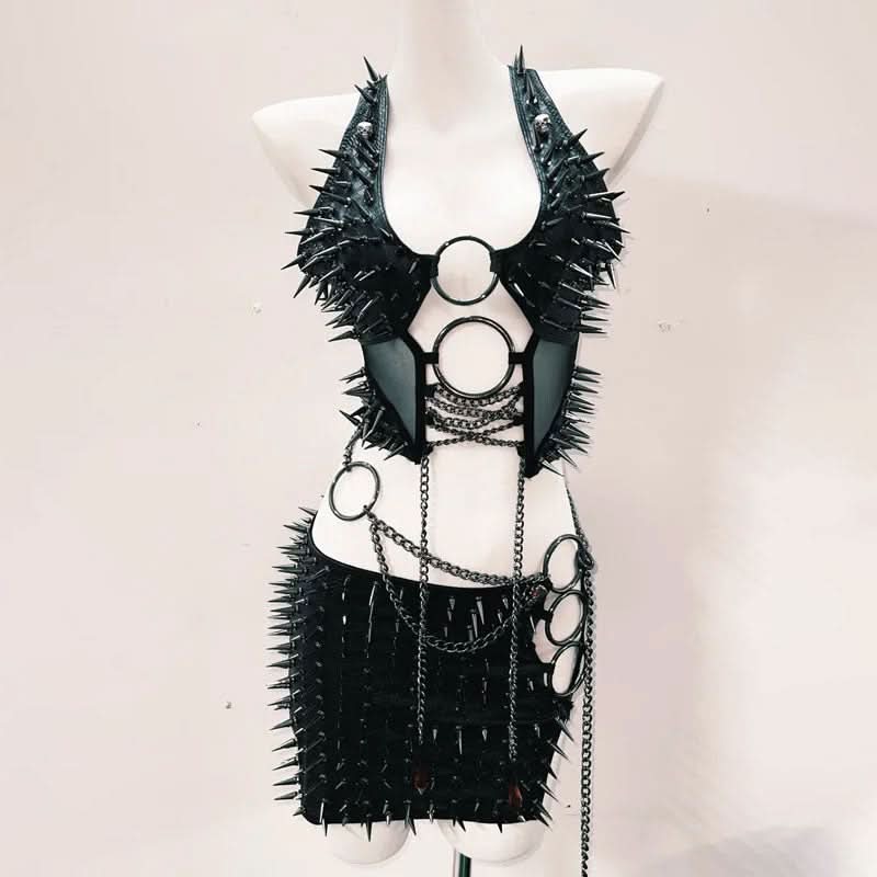 Gothic Spiked & Chained Halter Mini Skirt Set | Unleash Your Edge for Halloween & Fall Parties