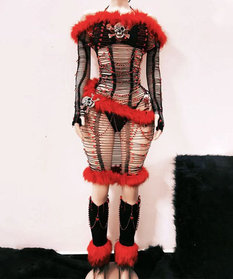 Ignite the Night: Red & Black Skull Faux Fur Cut-Out Mini Dress - Ultimate Halloween & Rave Statement