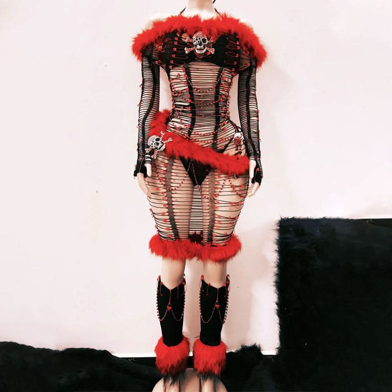 Ignite the Night: Red & Black Skull Faux Fur Cut-Out Mini Dress - Ultimate Halloween & Rave Statement