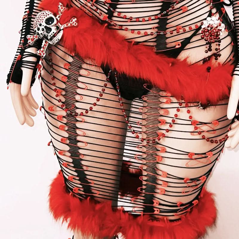 Ignite the Night: Red & Black Skull Faux Fur Cut-Out Mini Dress - Ultimate Halloween & Rave Statement