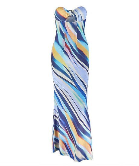 Vibrant Abstract Swirl Strapless Maxi Dress | Cutout Bust & Resort Ready for Your Winter Getaway