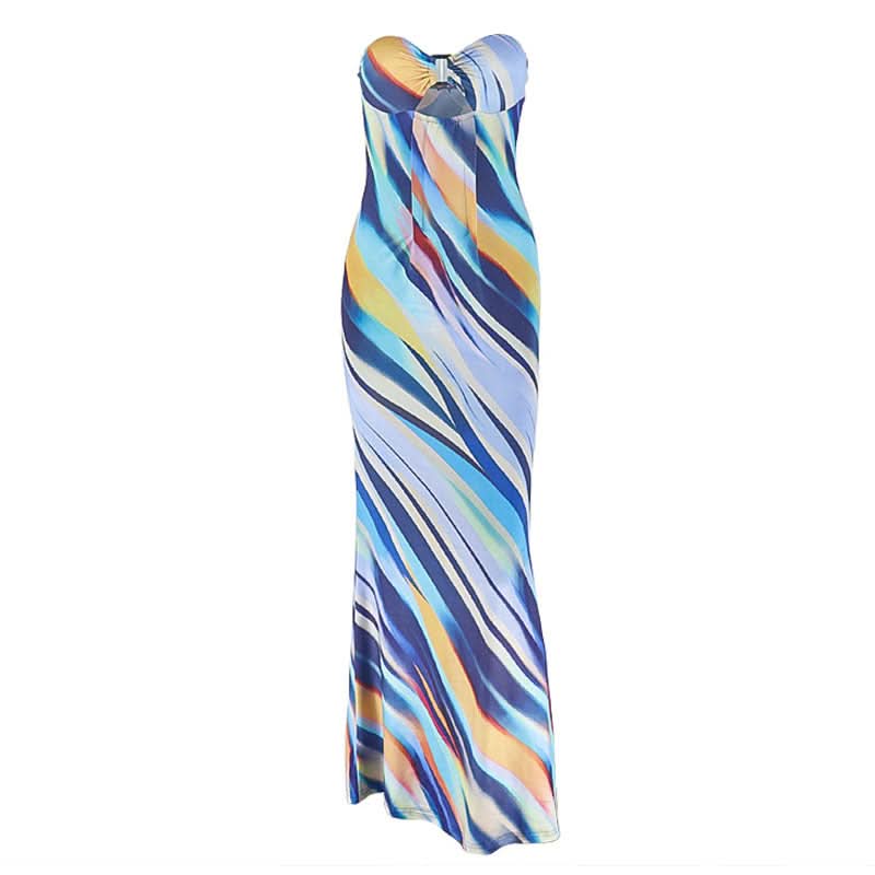 Vibrant Abstract Swirl Strapless Maxi Dress | Cutout Bust & Resort Ready for Your Winter Getaway