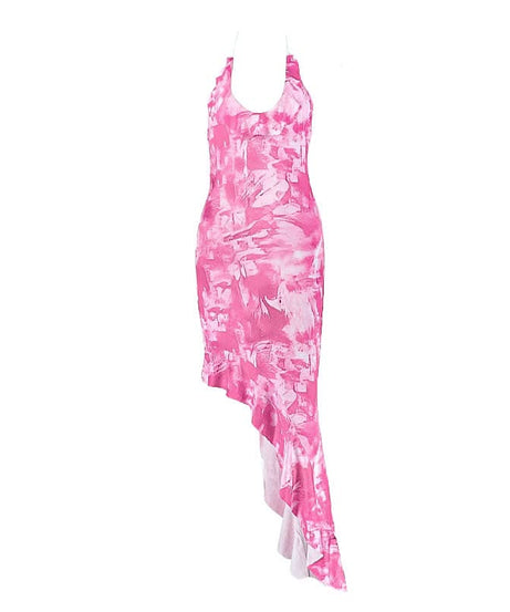 Vibrant Pink Tie-Dye Halter Midi Dress | Asymmetrical Ruffle Hem for Fall Parties & Resort Getaways