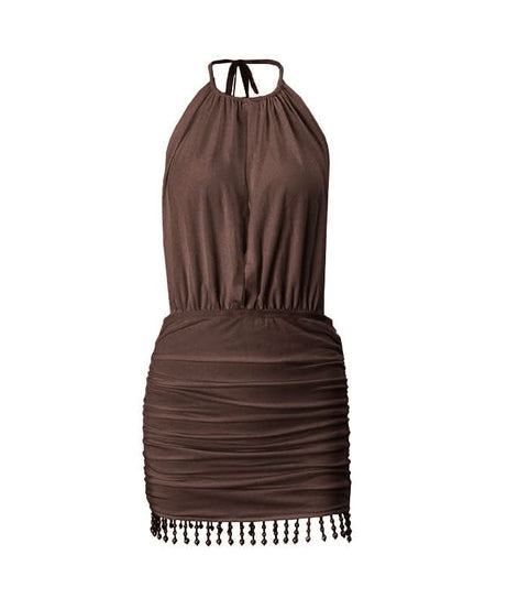 Autumn Allure: Mocha Halter Ruched Mini Dress with Beaded Fringe Hem – Perfect for Fall & Holiday Nights