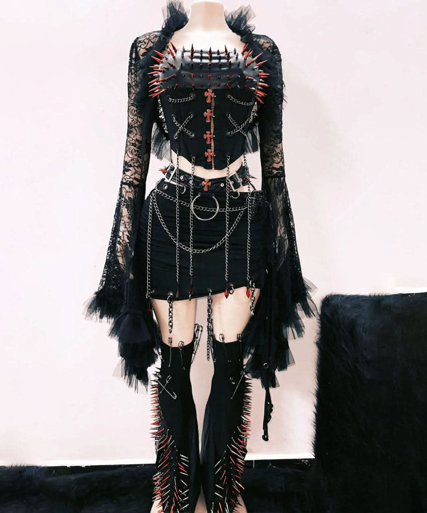 Unleash Your Edge: Spiked Gothic Corset & Chain Mini Set - Perfect for Halloween & Club Nights