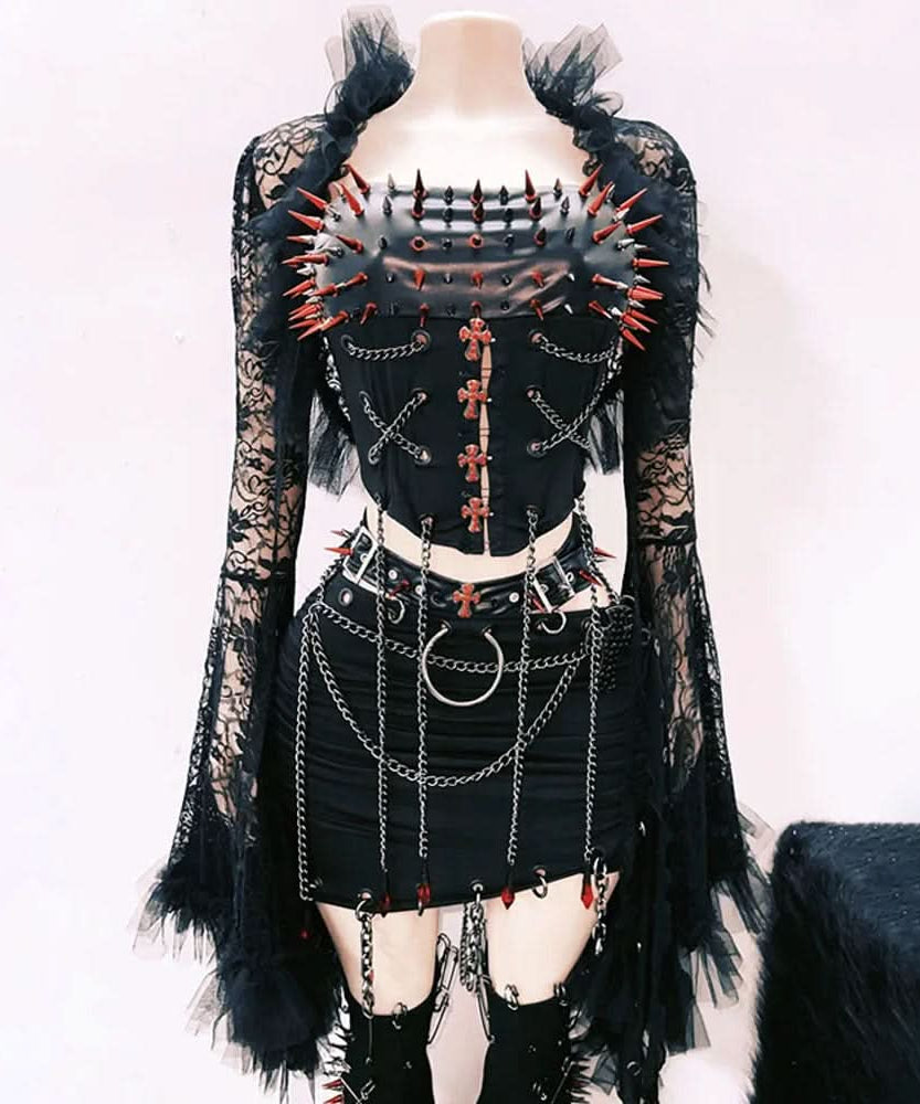Unleash Your Edge: Spiked Gothic Corset & Chain Mini Set - Perfect for Halloween & Club Nights