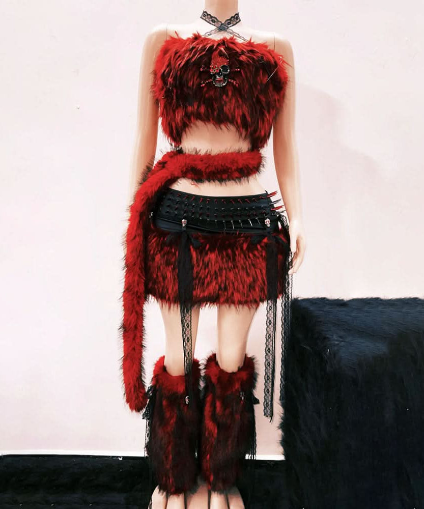 Spooky Chic Crimson Faux Fur Skull Tube Top - Your Ultimate Halloween & Fall Festival Statement