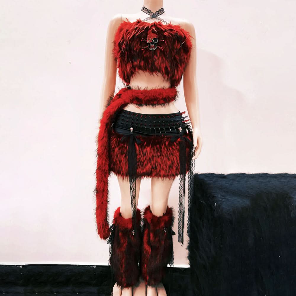 Spooky Chic Crimson Faux Fur Skull Tube Top - Your Ultimate Halloween & Fall Festival Statement