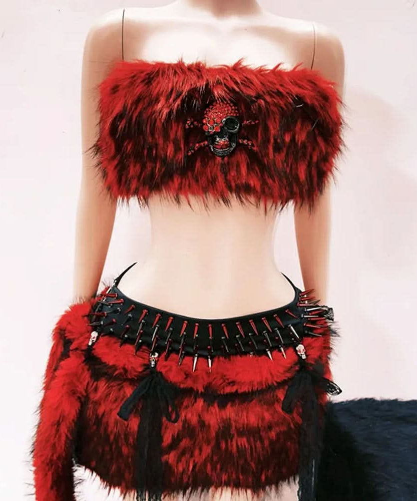 Spooky Chic Crimson Faux Fur Skull Tube Top - Your Ultimate Halloween & Fall Festival Statement