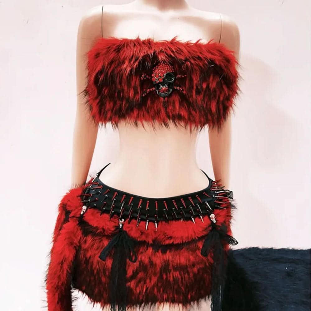 Spooky Chic Crimson Faux Fur Skull Tube Top - Your Ultimate Halloween & Fall Festival Statement