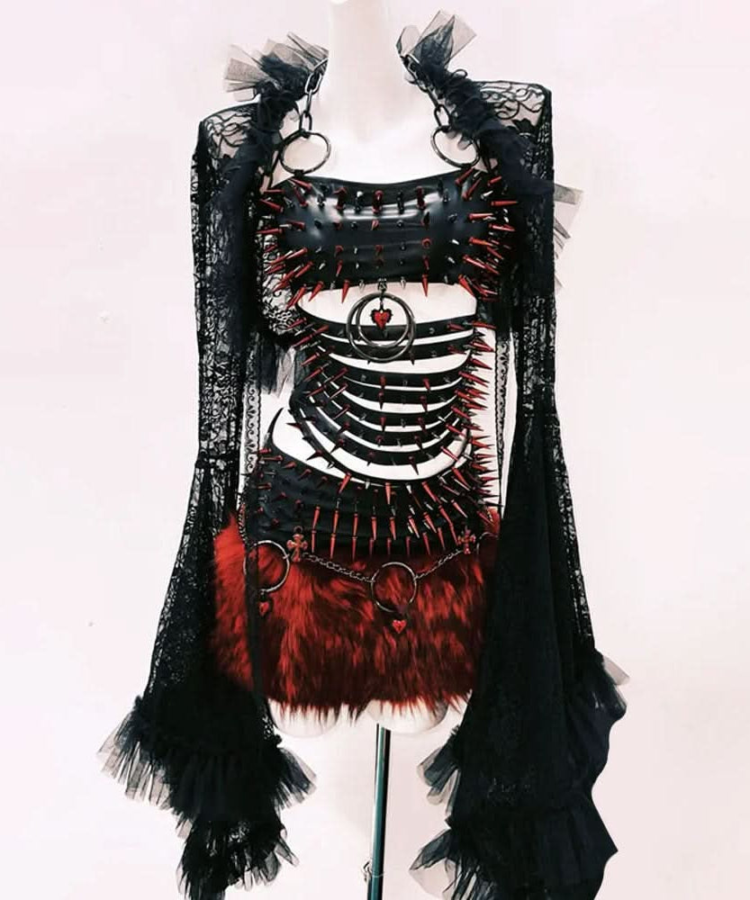 Fierce Gothic Spiked & Faux Fur Mini Set with Lace Shrug - Halloween & Festival Ready