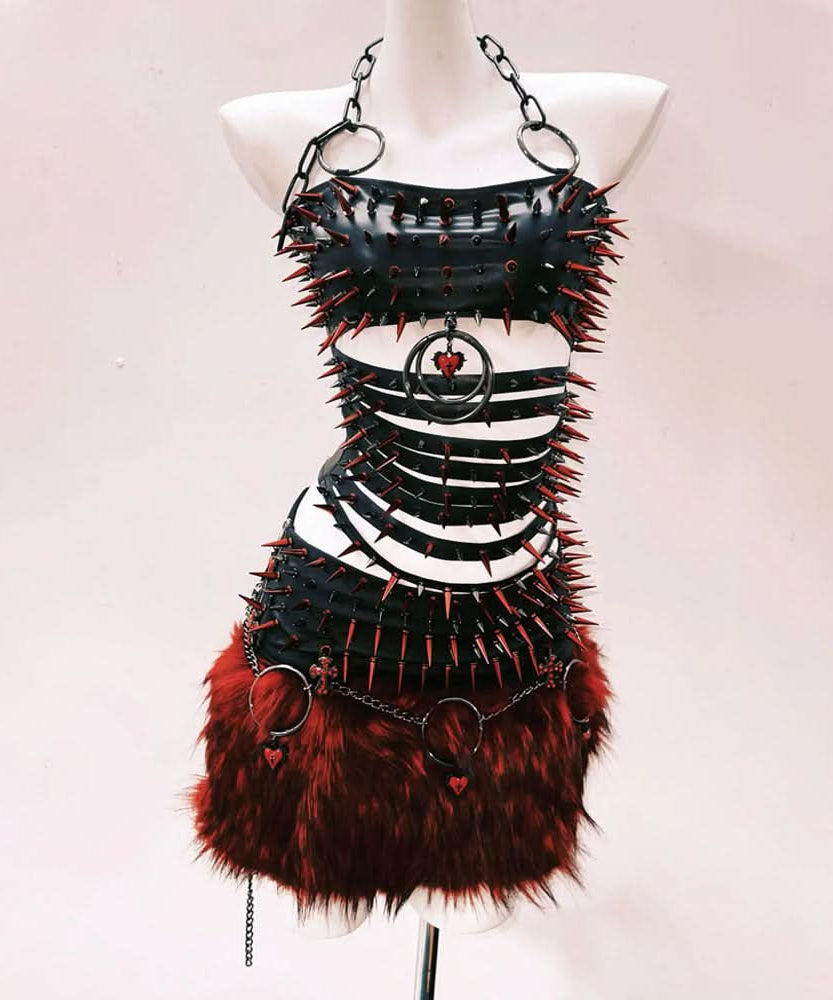Fierce Gothic Spiked & Faux Fur Mini Set with Lace Shrug - Halloween & Festival Ready