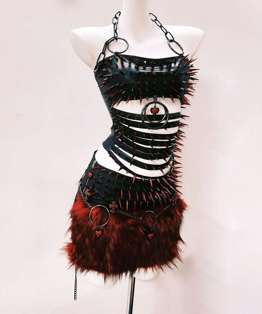 Fierce Gothic Spiked & Faux Fur Mini Set with Lace Shrug - Halloween & Festival Ready