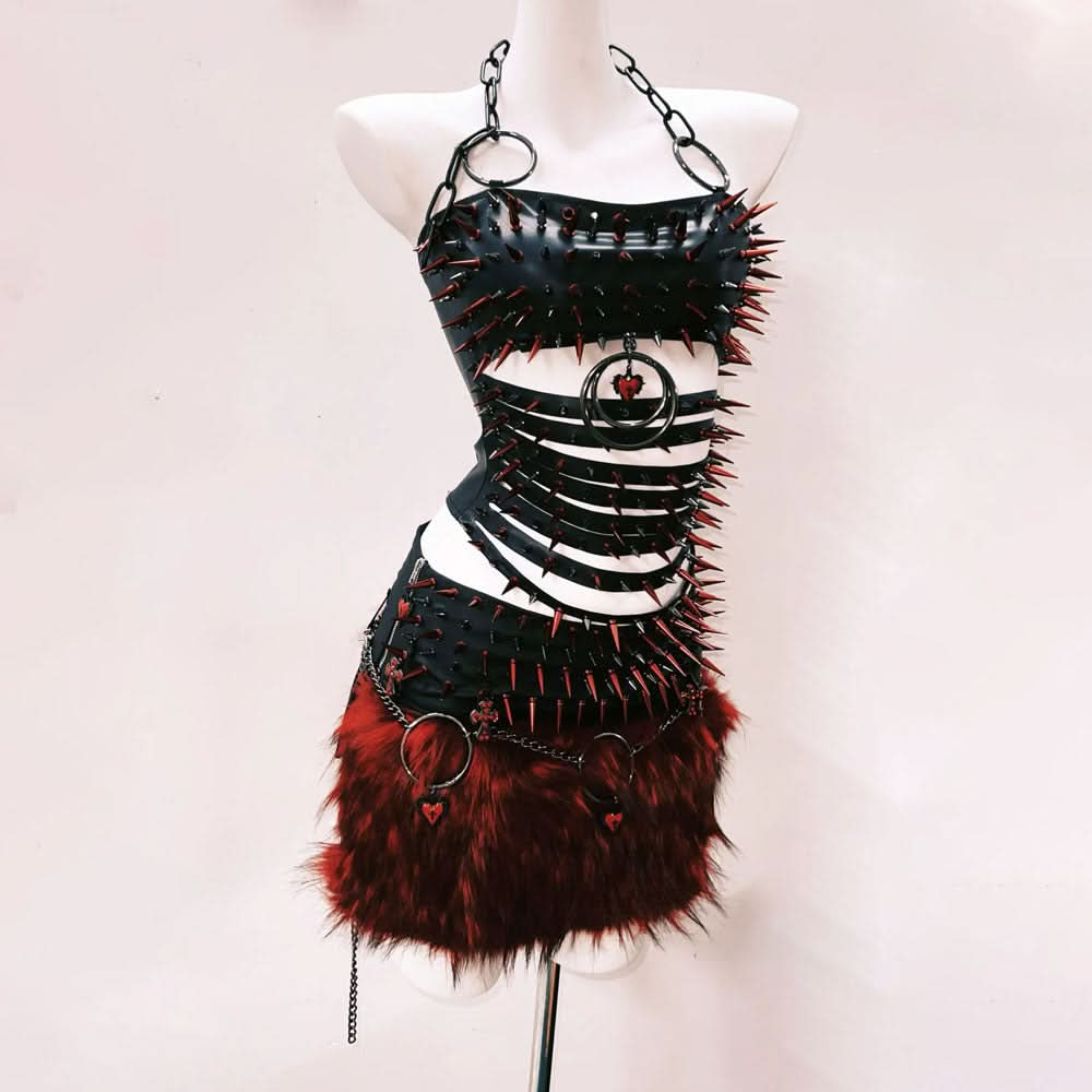 Fierce Gothic Spiked & Faux Fur Mini Set with Lace Shrug - Halloween & Festival Ready