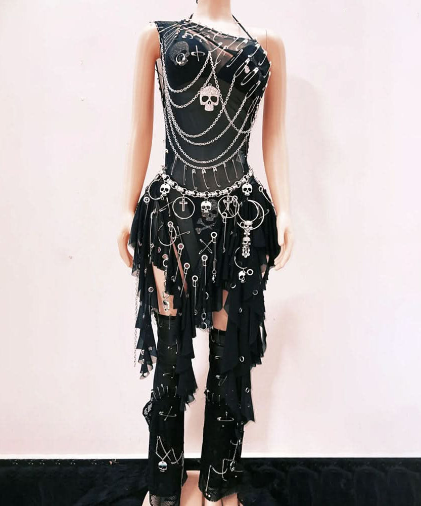 Gothic Glam Skull & Chain Jumpsuit for Women - Edgy Halloween & Festival Outfit