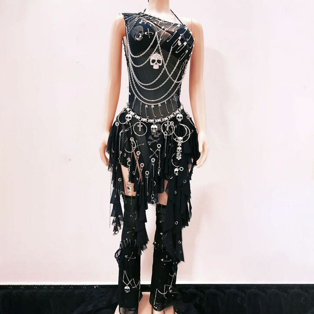 Gothic Glam Skull & Chain Jumpsuit for Women - Edgy Halloween & Festival Outfit