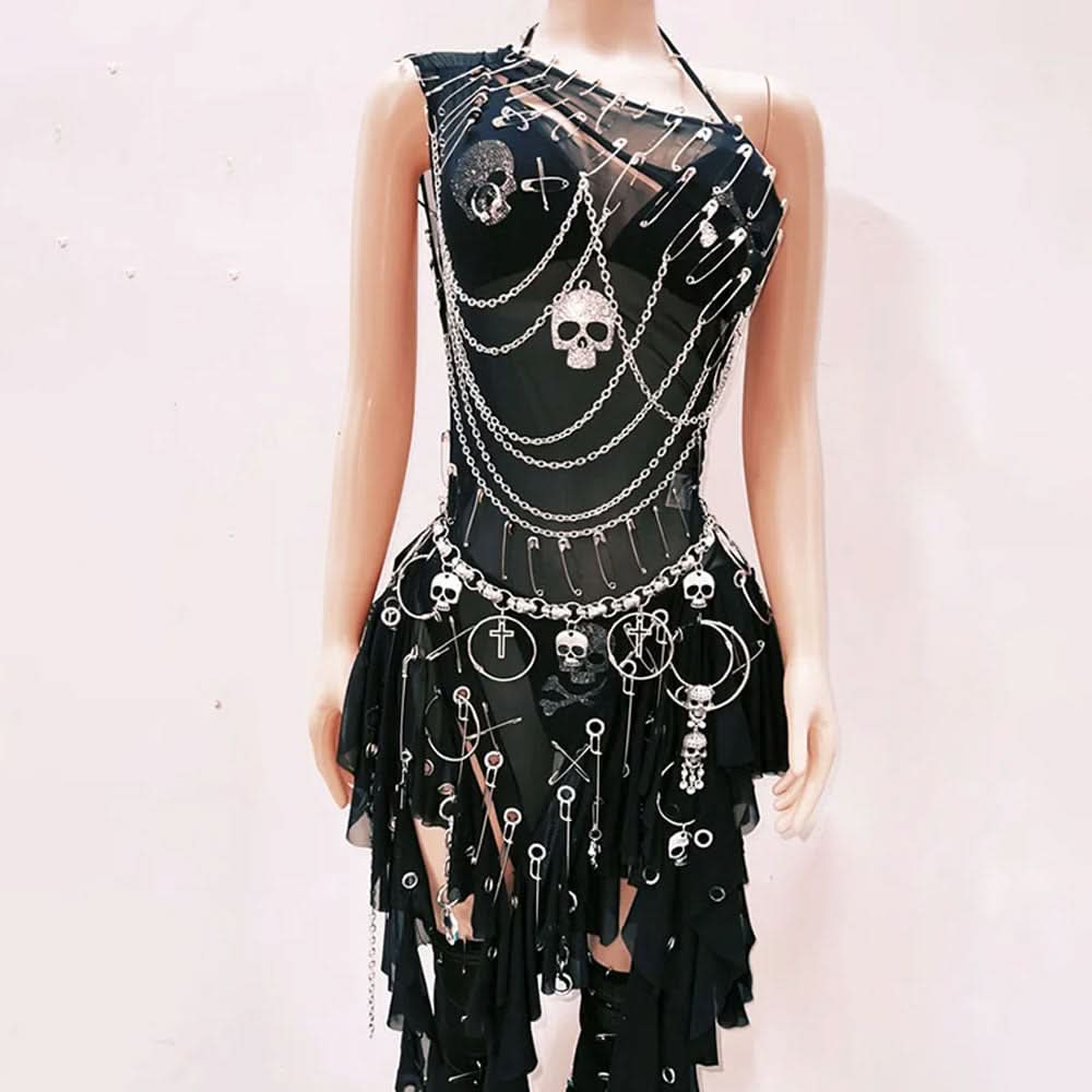 Gothic Glam Skull & Chain Jumpsuit for Women - Edgy Halloween & Festival Outfit