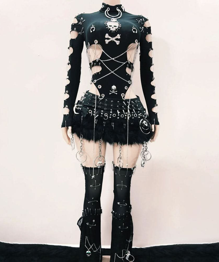 Women's Edgy Gothic Bodysuit: Skull, Chains & Safety Pin Cut-Outs | Halloween & Fall Concert Ready